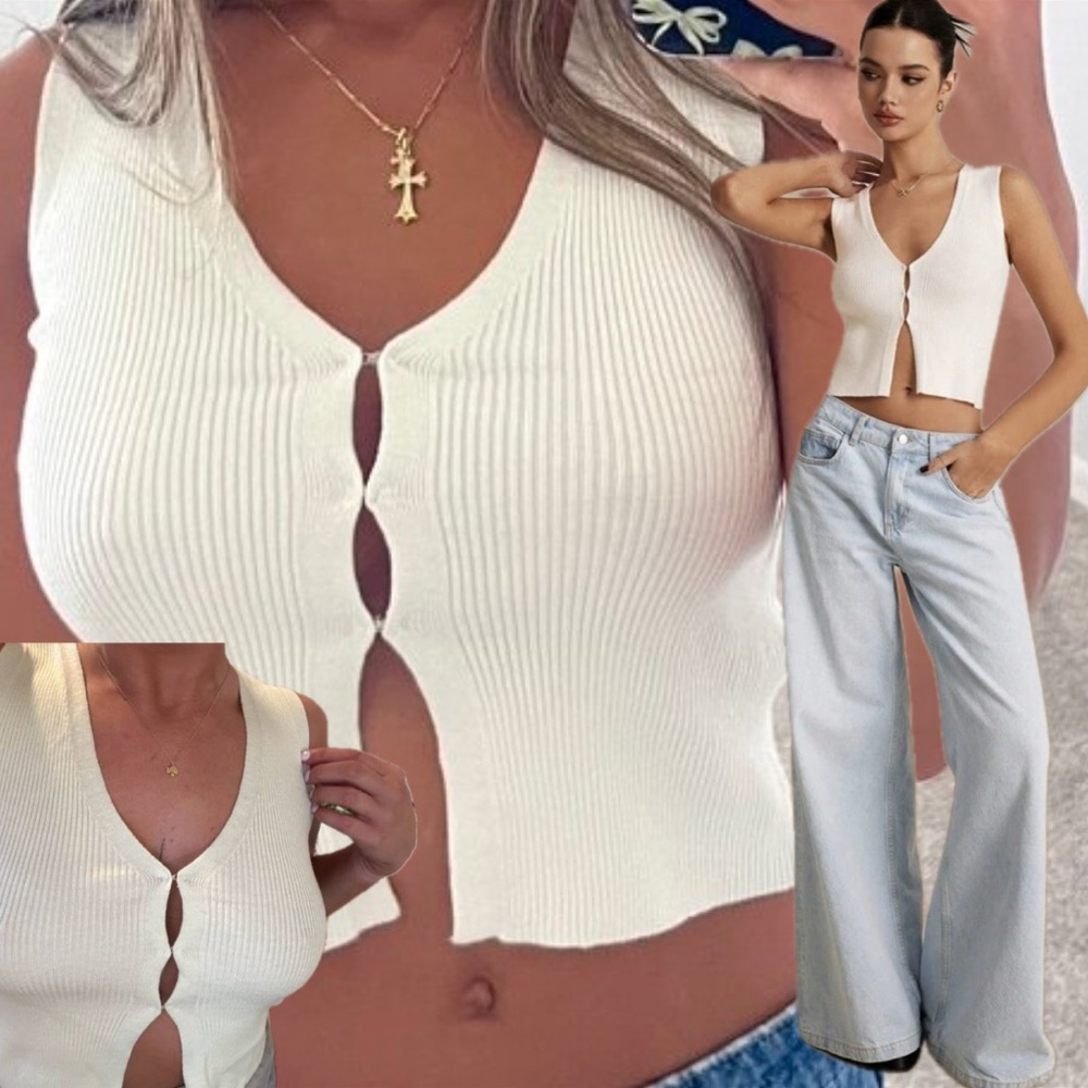 Ribbed V‑Neck Button Front Crop Tank - White
